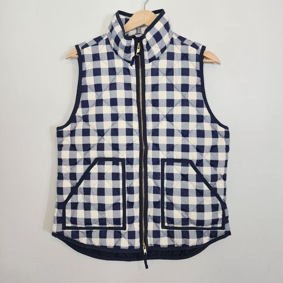 NWT J Crew Gingham Blue White Check Full Zip Puffer Down Vest Quilted SZ Medium - Picture 2 of 9